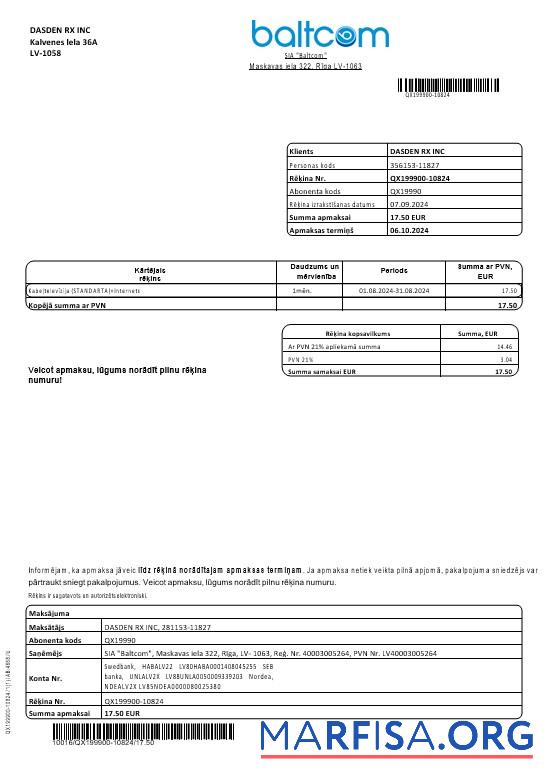 Blank Latvia Baltcom telecommunications business utility bill template in Word and PDF formats (Latvian version)